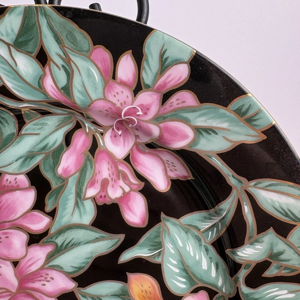 Fitz and Floyd Azalea Cloisonne Flower 8in Salad Plate Black Vintage Porcelain